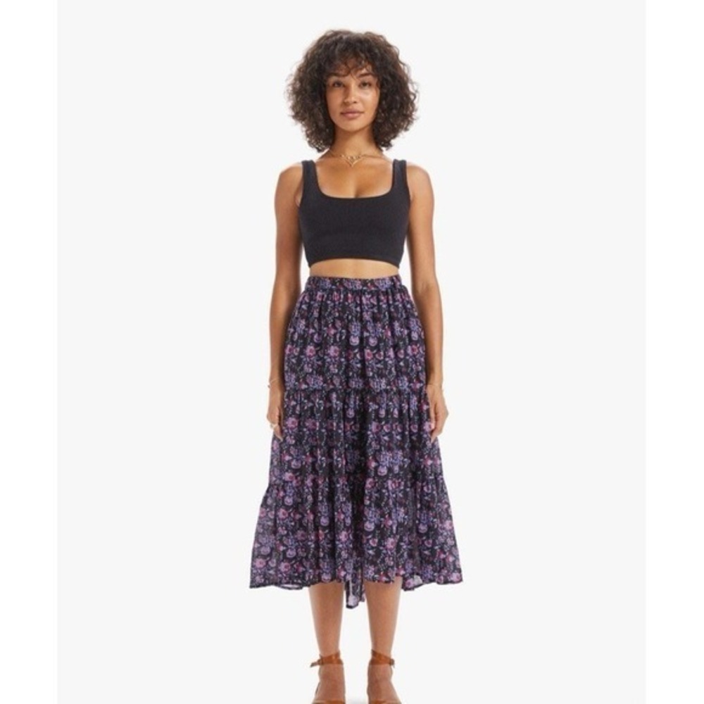 XIRENA Midi Skirt Floral Cotton Silk High Low S Iris Black Boho Pockets Romantic